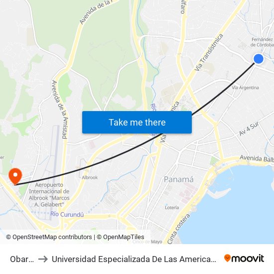 Obarrio to Universidad Especializada De Las Americas (Udelas) map