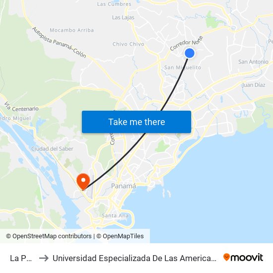 La Paz-I to Universidad Especializada De Las Americas (Udelas) map