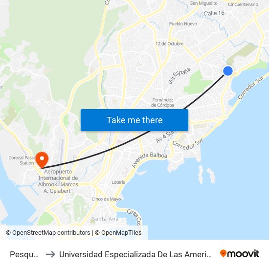 Pesqueros to Universidad Especializada De Las Americas (Udelas) map