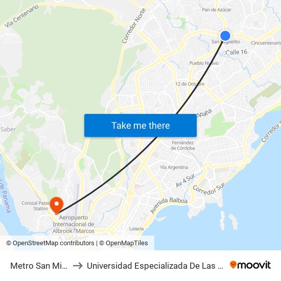 Metro San Miguelito-R to Universidad Especializada De Las Americas (Udelas) map