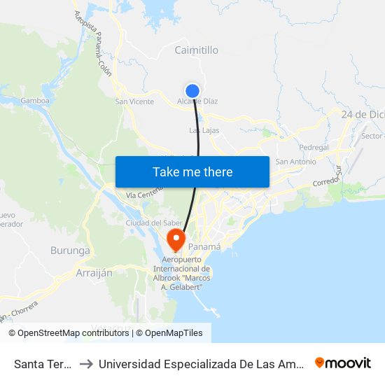 Santa Teresa-R to Universidad Especializada De Las Americas (Udelas) map