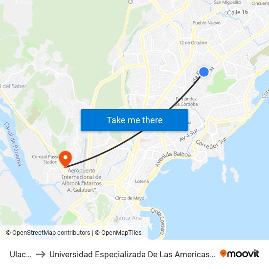 Ulacit-I to Universidad Especializada De Las Americas (Udelas) map