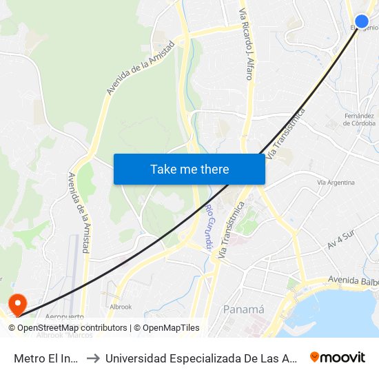 Metro El Ingenio-I to Universidad Especializada De Las Americas (Udelas) map