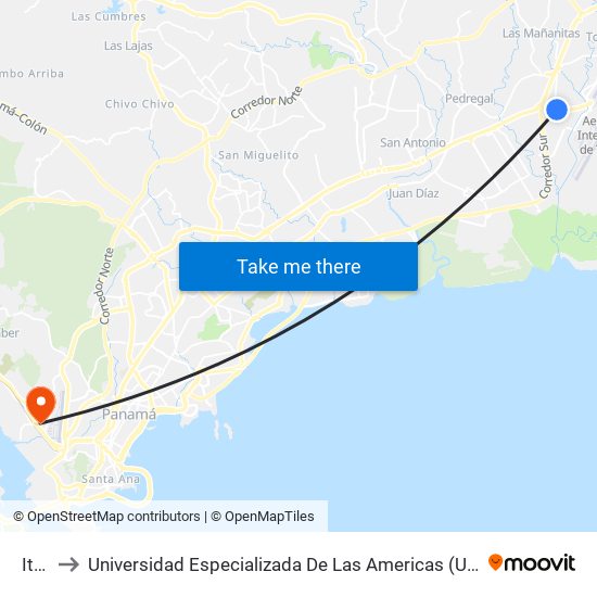 Itse to Universidad Especializada De Las Americas (Udelas) map