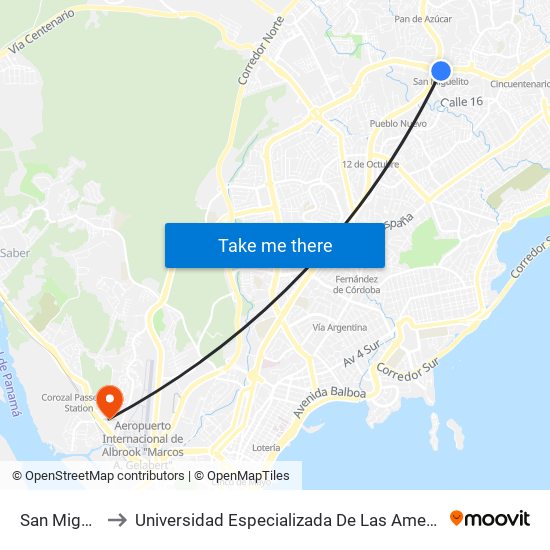 San Miguelito to Universidad Especializada De Las Americas (Udelas) map