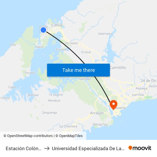 Estación Colón - Atlántica to Universidad Especializada De Las Americas (Udelas) map