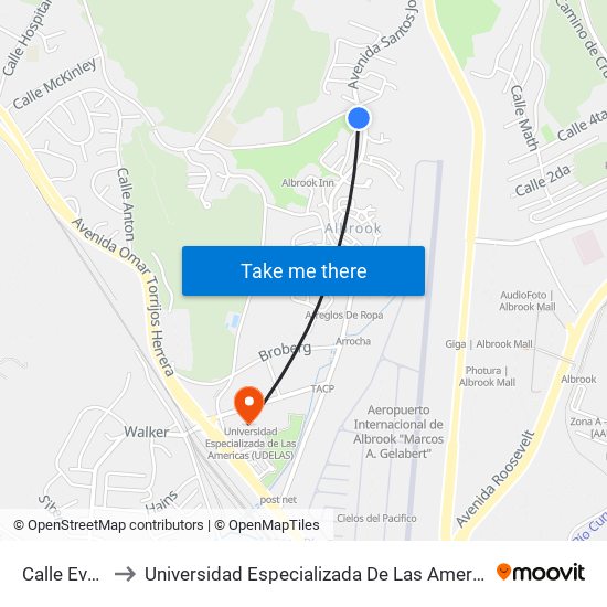 Calle Evans-I to Universidad Especializada De Las Americas (Udelas) map