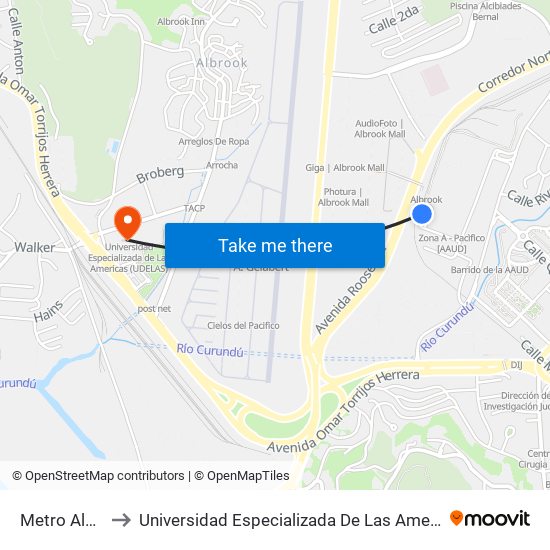 Metro Albrook to Universidad Especializada De Las Americas (Udelas) map