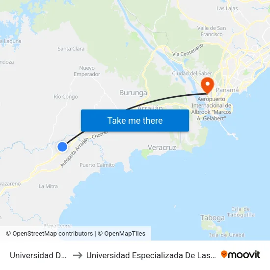 Universidad De Panamá to Universidad Especializada De Las Americas (Udelas) map