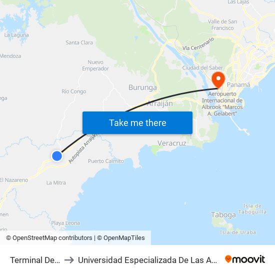 Terminal De Buses to Universidad Especializada De Las Americas (Udelas) map