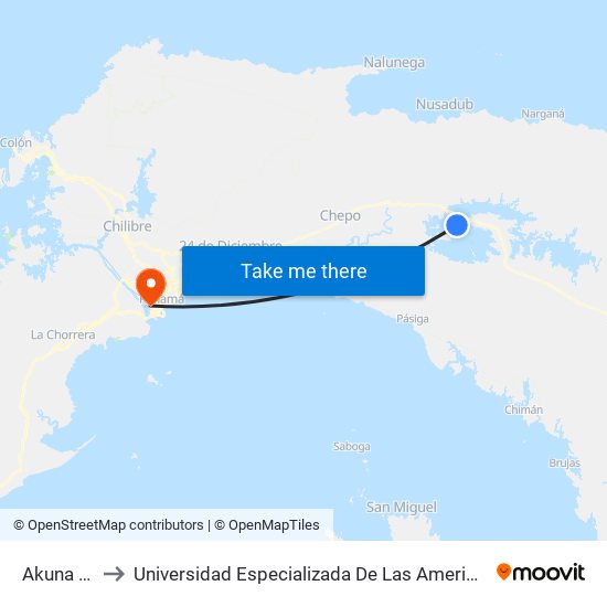 Akuna Yala to Universidad Especializada De Las Americas (Udelas) map