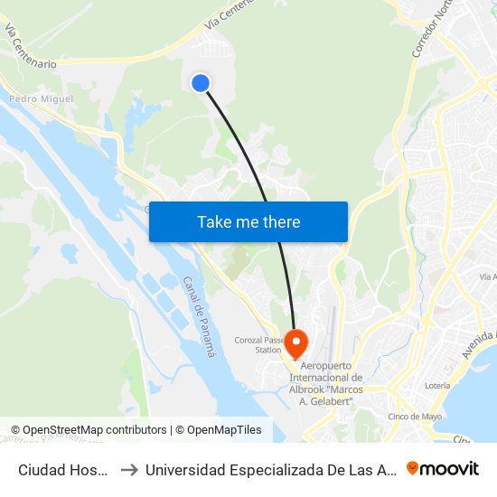 Ciudad Hospitalaria to Universidad Especializada De Las Americas (Udelas) map