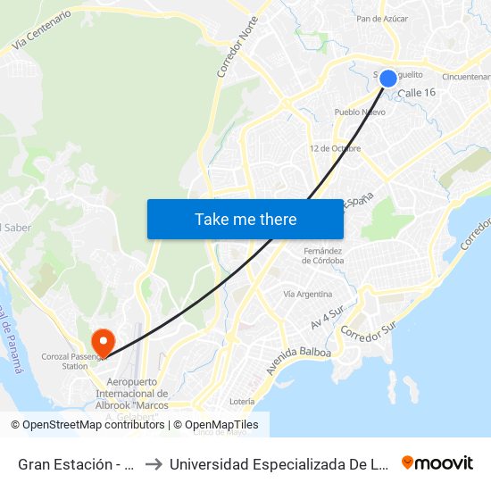 Gran Estación - Bahía A to Universidad Especializada De Las Américas map