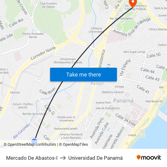 Mercado De Abastos-I to Universidad De Panamá map