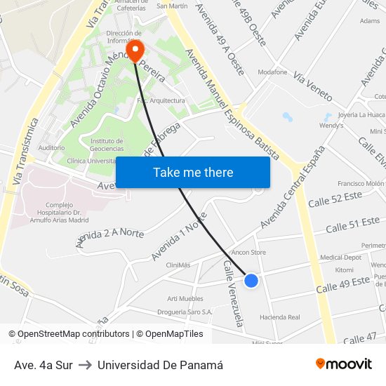 Ave. 4a Sur to Universidad De Panamá map