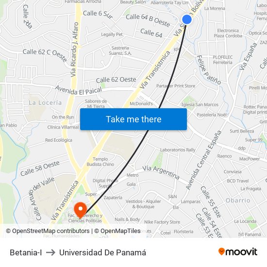 Betania-I to Universidad De Panamá map