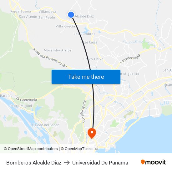 Bomberos Alcalde Diaz to Universidad De Panamá map