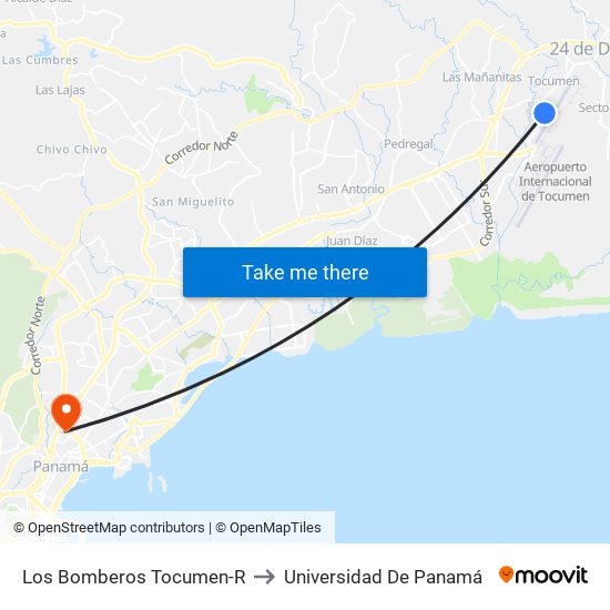 Los Bomberos Tocumen-R to Universidad De Panamá map