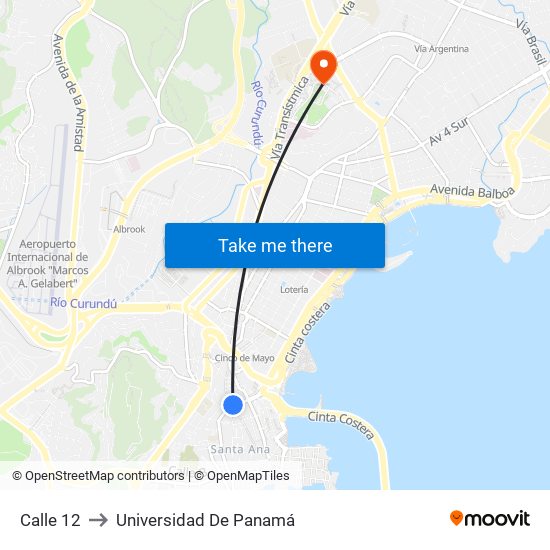 Calle 12 to Universidad De Panamá map