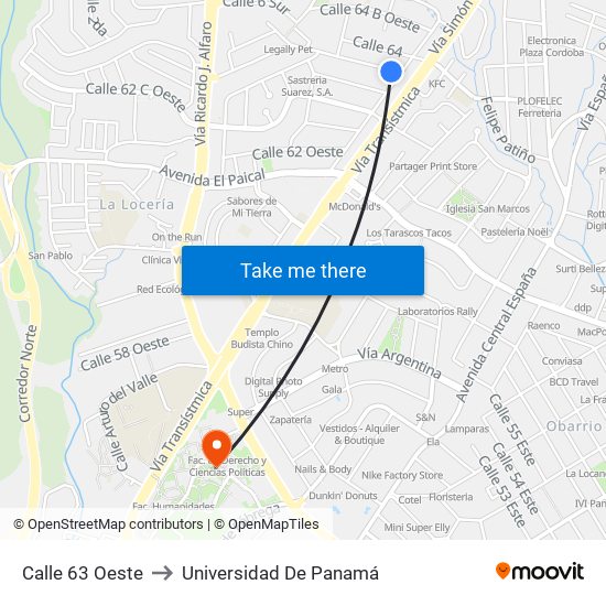 Calle 63 Oeste to Universidad De Panamá map