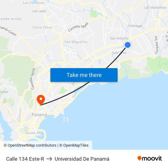 Calle 134 Este-R to Universidad De Panamá map