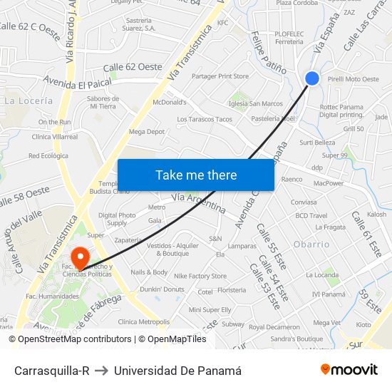 Carrasquilla-R to Universidad De Panamá map