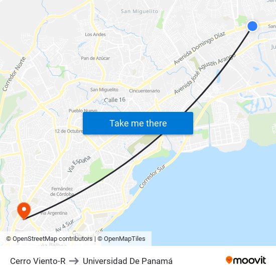 Cerro Viento-R to Universidad De Panamá map