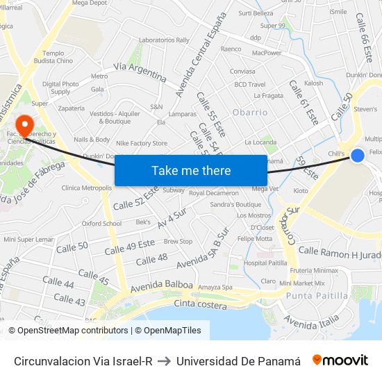 Circunvalacion Via Israel-R to Universidad De Panamá map