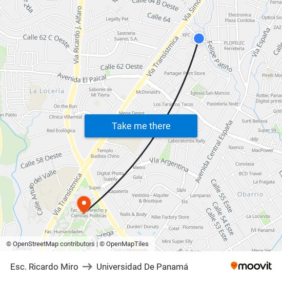 Esc. Ricardo Miro to Universidad De Panamá map