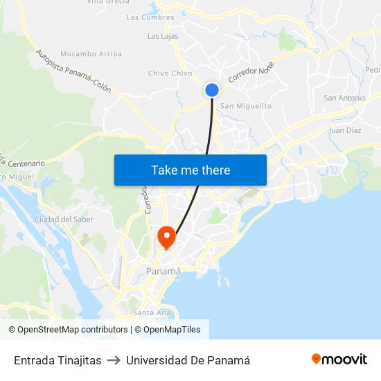 Entrada Tinajitas to Universidad De Panamá map