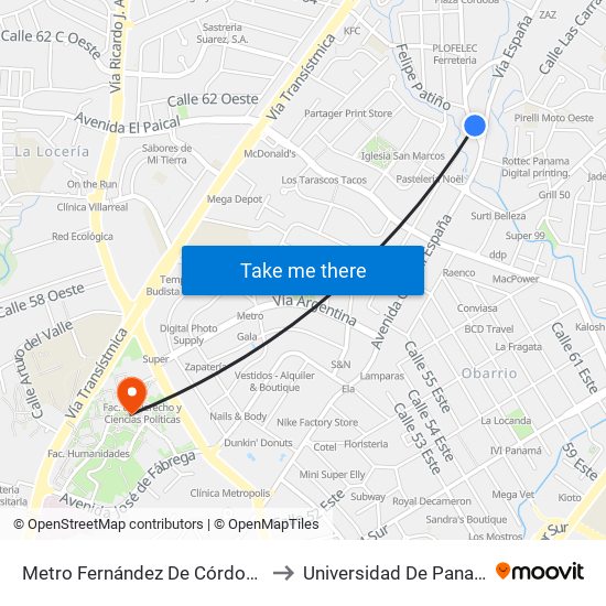 Metro Fernández De Córdoba-R to Universidad De Panamá map