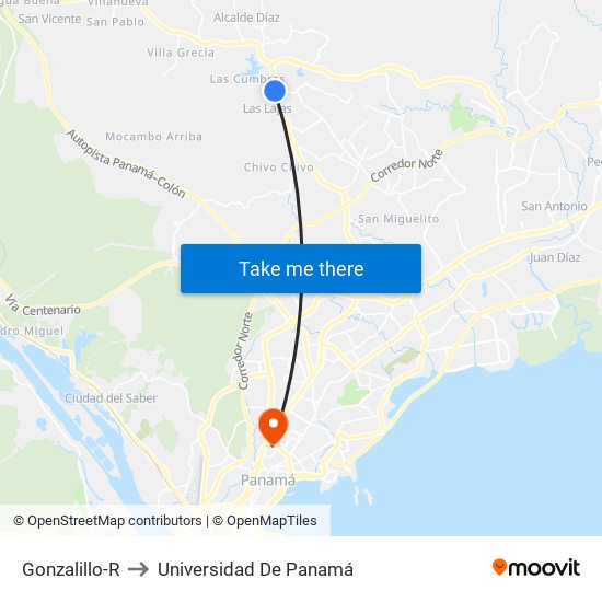 Gonzalillo-R to Universidad De Panamá map