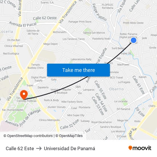 Calle 62 Este to Universidad De Panamá map