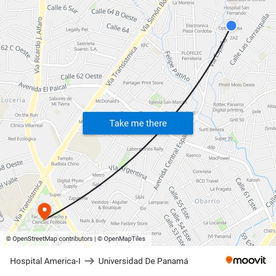 Hospital America-I to Universidad De Panamá map