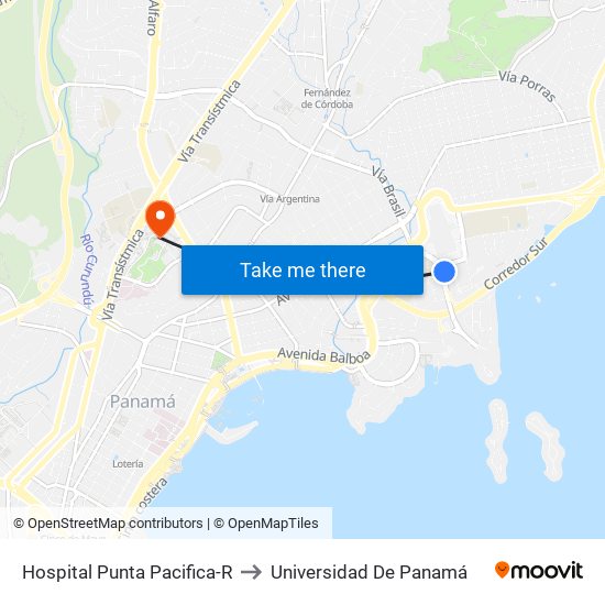 Hospital Punta Pacifica-R to Universidad De Panamá map