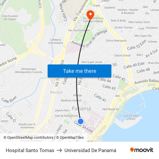 Hospital Santo Tomas to Universidad De Panamá map