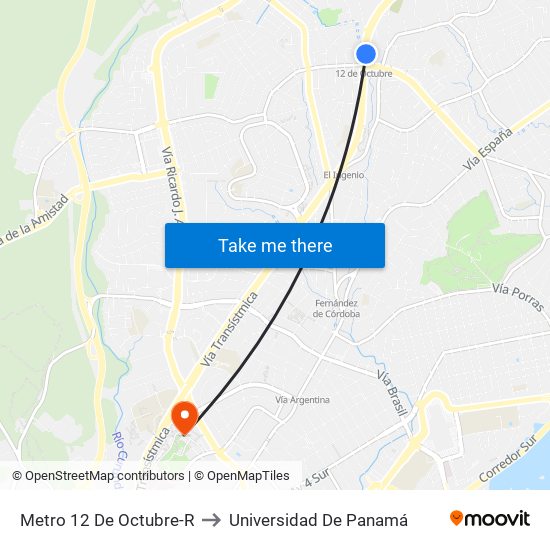 Metro 12 De Octubre-R to Universidad De Panamá map