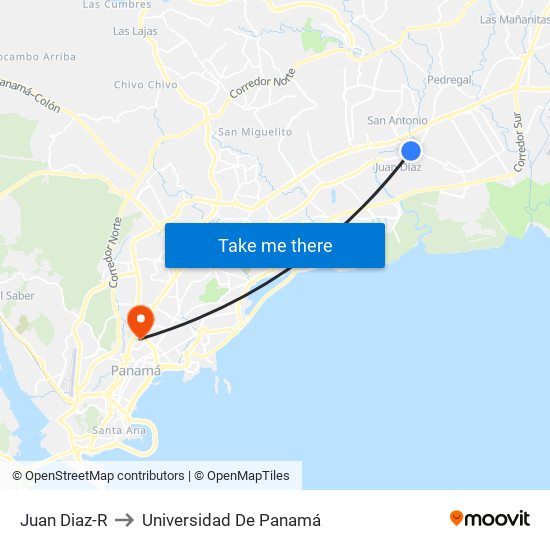 Juan Diaz-R to Universidad De Panamá map