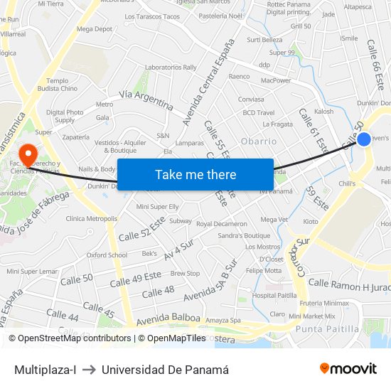 Multiplaza-I to Universidad De Panamá map