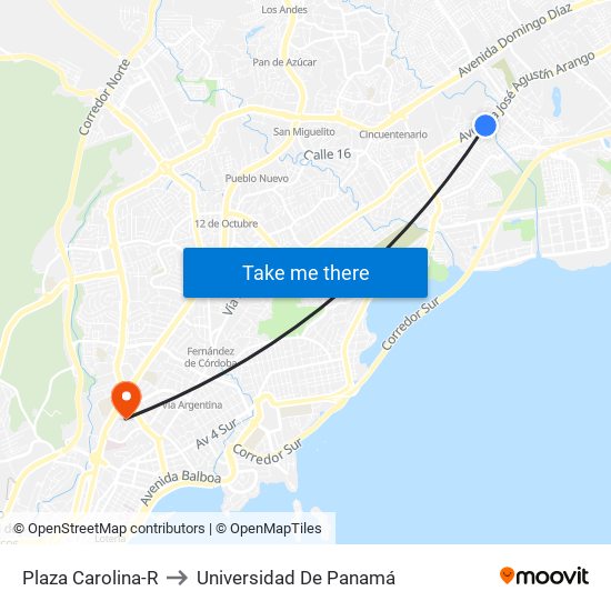 Plaza Carolina-R to Universidad De Panamá map