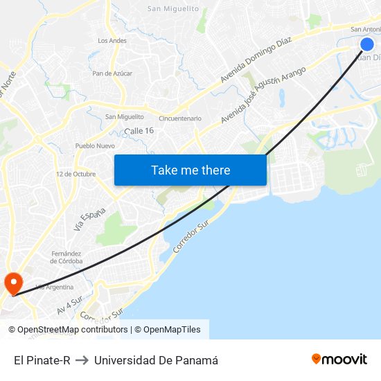 El Pinate-R to Universidad De Panamá map
