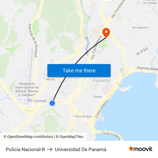 Policia Nacional-R to Universidad De Panamá map