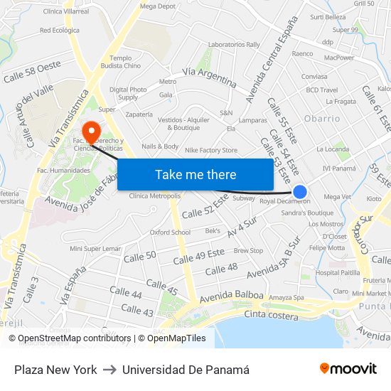 Plaza New York to Universidad De Panamá map