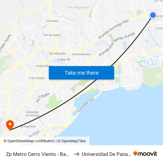 Zp Metro Cerro Viento - Bahía 3 to Universidad De Panamá map