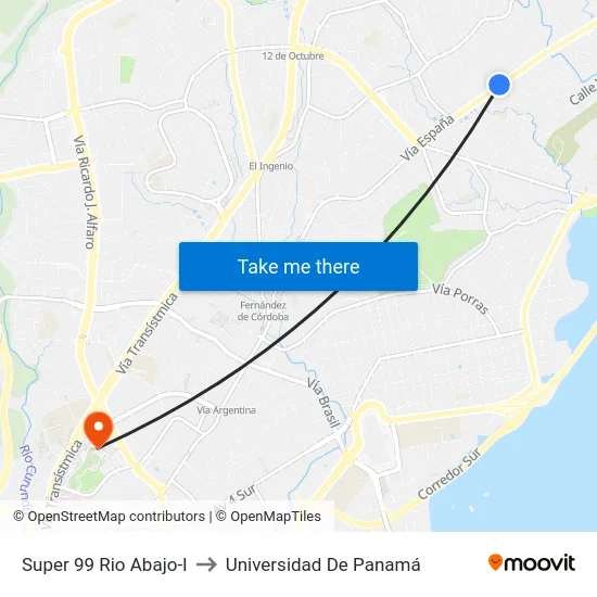 Super 99 Rio Abajo-I to Universidad De Panamá map