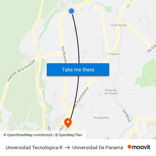 Universidad Tecnológica-R to Universidad De Panamá map