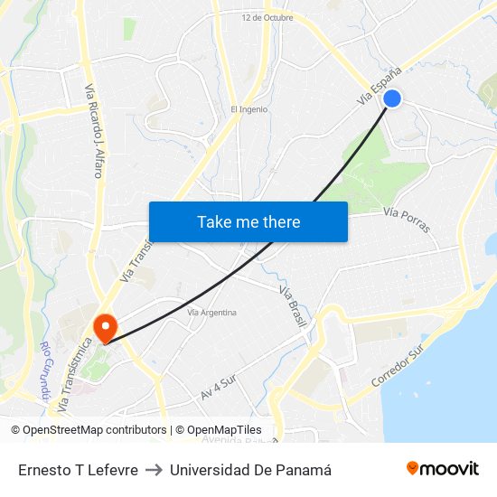 Ernesto T Lefevre to Universidad De Panamá map