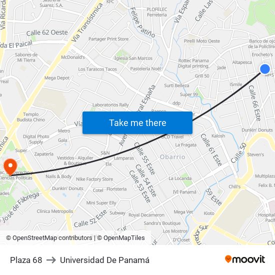 Plaza 68 to Universidad De Panamá map