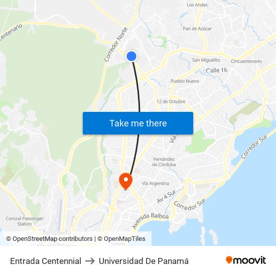 Entrada Centennial to Universidad De Panamá map