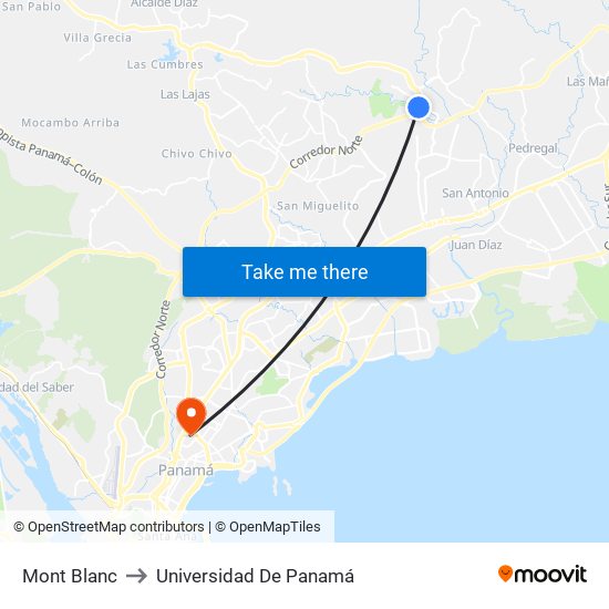 Mont Blanc to Universidad De Panamá map